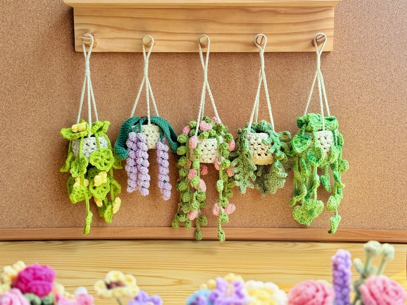 May include: Six crocheted hanging plants in different colors and styles, including green, purple, and pink, are displayed on a corkboard with a wooden shelf.