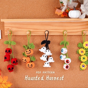 Haunted Harvest Virkmönster Bundle, Ögonglobsväxtmönster, Dödskalle Körsbärsmönster, Pumpamönster, Spökklockblommormönster