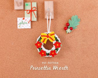 Patrón de corona de nochebuena a crochet, Patrón de flor navideña a crochet, Decoración navideña para el hogar en PDF, Tutorial de corona a crochet hecha a mano, Patrón en PDF