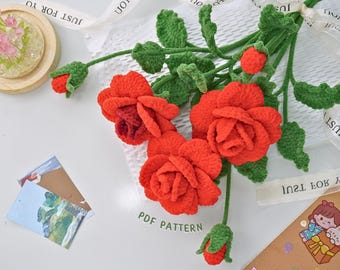 Passionate Red Roses Crochet Pattern, Crochet Flower Bouquet Pattern, Crochet Flower Pattern, Wedding Flower