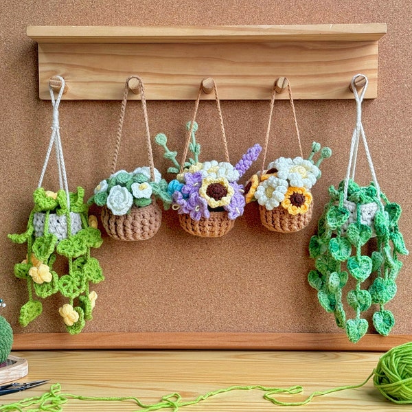 Set 5 Flower Basket Hanging Crochet Pattern, Sunflower Basket Crochet Pattern, Pothos Plant Basket Pattern, Drooping Montera Flower Pattern