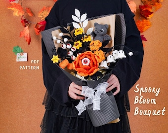 Halloween Bloom Bouquet Crochet Patterns, Spider Sunflower Pattern, Pumpkin Branch Pattern,  Osmanthus Flowers Pattern, Peony Flower Pattern