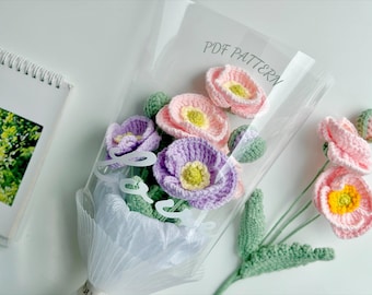 Poppy Flower Crochet Pattern, Crochet Flower Bouquet Pattern, Crochet Flower Pattern, Wedding Flower