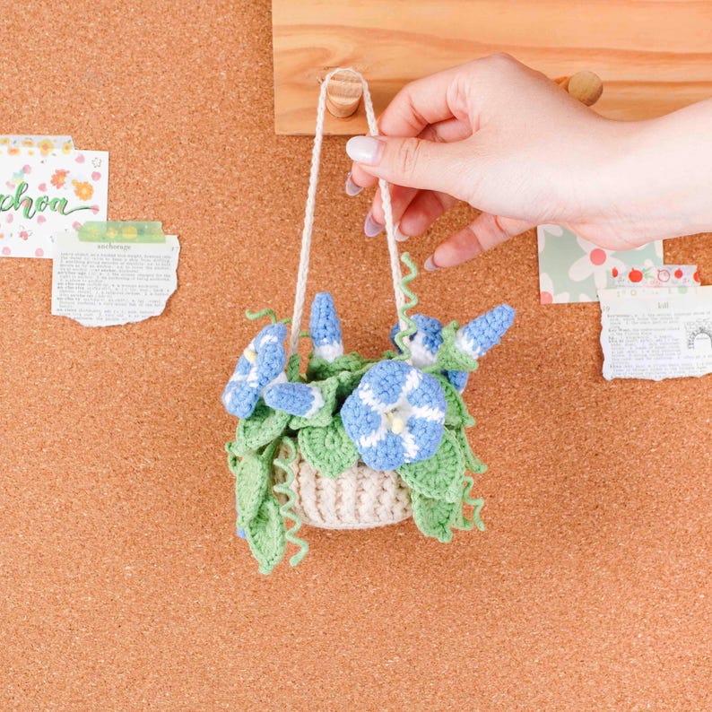 May include: A handmade crochet hanging basket with blue and white flowers and green leaves. The basket is suspended by a cream-colored string. The craft project is displayed against a corkboard background.