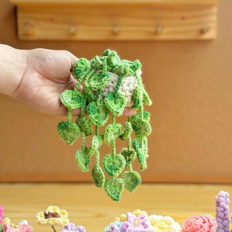 May include: A crocheted hanging plant with green leaves and a white pot. The plant is being held in a hand.