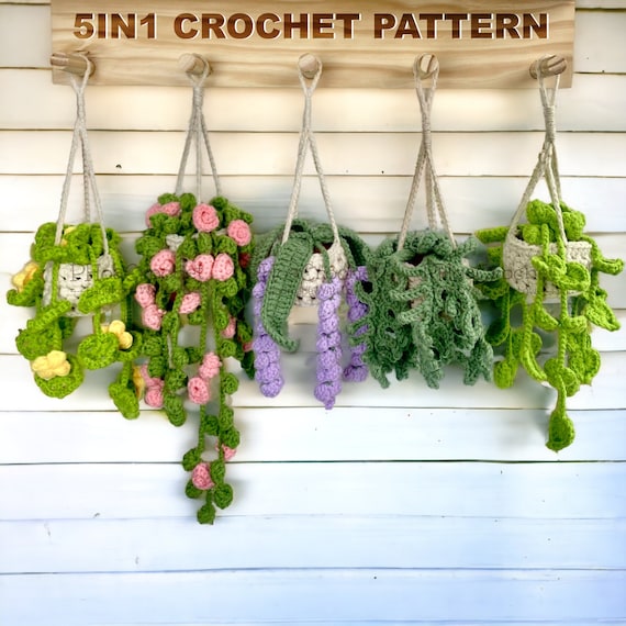 Plant Crochet Pattern, Fern Plants, Daisy Plants Car Hanging Pattern,  Crochet Drooping Montera Flower, Hanging Basket Crochet, Lavender Pot 