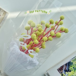 Puede incluir: Un ramo de flores de lana en una bolsa de plástico transparente. Las flores están hechas de lana verde y tienen tallos rosas. La bolsa está atada con una cinta blanca y tiene la frase "PDF PATTERN" impresa.