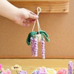 May include: A crocheted hanging planter with a green plant and purple flowers. The planter is made of beige yarn and is hanging from a string.