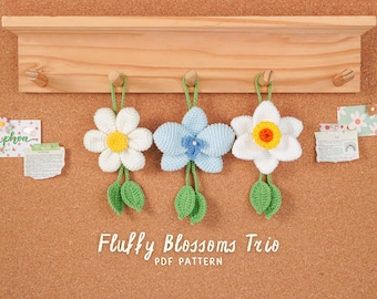 Haakpatronen Fluffy Blossoms Trio | Patroon pluizig madeliefje, patroon pluizige narcis, patroon pluizige orchidee, haakpatronen auto hangen