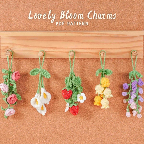 Lovely Bloom Charms Car Hanging Crochet Patterns Bundle | Bell Flowers Pattern, Rose, Strawberry Pattern, Wisteria, Calla Lily Pattern
