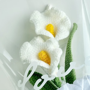 May include: A bouquet of two white crocheted calla lilies with yellow centers. The lilies are arranged with green crocheted leaves and the word "love" is written in white on the background.