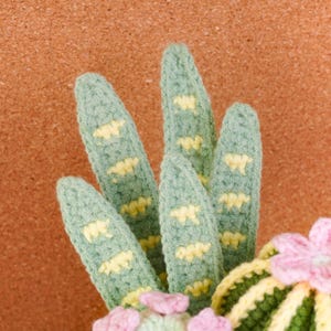 May include: A crocheted plant featuring tall, light green leaves with yellow horizontal stitch patterns. Beside the leaves is a rounded, dark green crocheted cactus base adorned with small, light pink crocheted flowers on its surface.