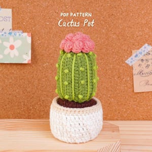 Può includere: Un cactus all'uncinetto in un vaso bianco con un fiore rosa in cima. Il cactus è verde con piccoli rilievi gialli e creste verticali. Il testo PDF PATTERN Cactus Pot è visibile sopra. Il vaso ha un bordo beige e una base bianca.