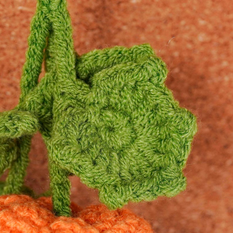 May include: Close-up of a handmade crochet pumpkin with green leaves and stem. The pumpkin is orange, and the leaves and stem are green. The crochet work is detailed, with visible stitches. The background is a warm, earthy tone.