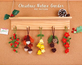 Christmas Nature Garden Crochet Patterns Bundle, Poinsettia Pattern, Pinecone Pattern, Christmas Holly Pattern, Bell Flowers Pattern