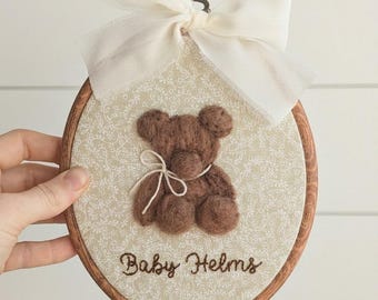 Felt Teddy Bear Nursery Decor: Vintage Wool embroidery hoop Art, woodland animal, baby wall hanging