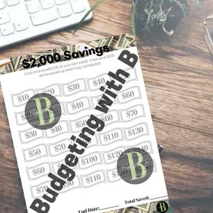 May include: A printable budgeting chart with a $2,000 savings goal. The chart features a grid of dollar amounts, from $10 to $130, with a large "B" in the center. The chart is designed to help people track their savings progress.