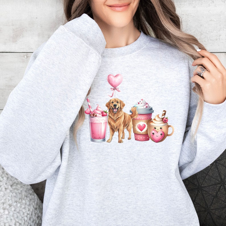 Valentine's Golden Retriever Dog Sweatshirt Gift For Dog Lover Present For Dog Mom and Dad Goldie Dog Valentines Day Shirt Golden Lovers Ash