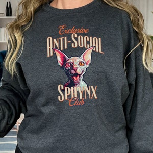 May include: A dark gray sweatshirt with a graphic design featuring a white Sphynx cat with orange eyes. The text "Exclusive Anti-Social Sphynx Club" is printed in orange and white.