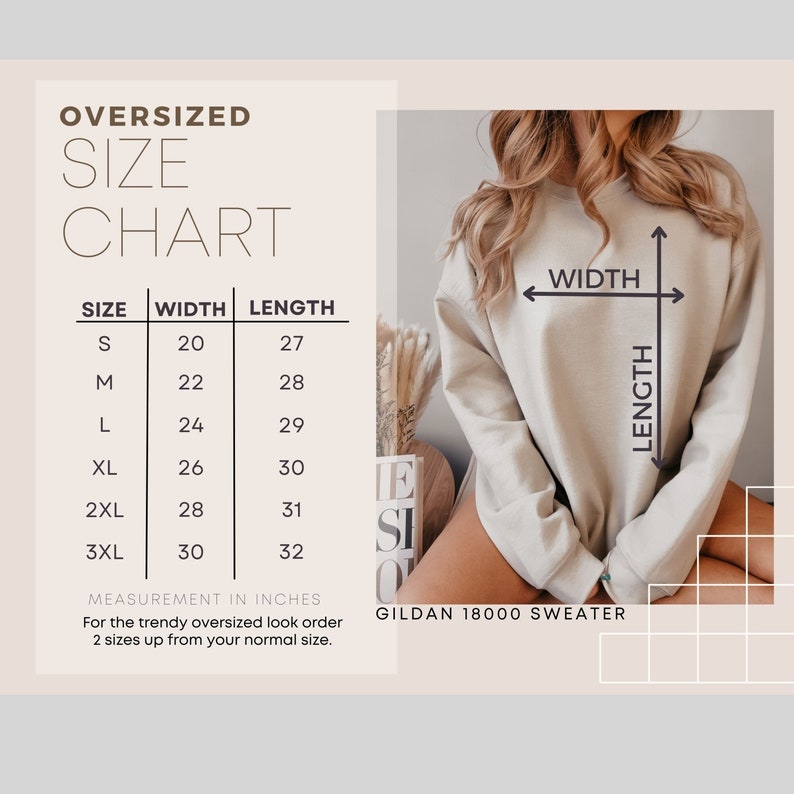 K&ouml;nnte beinhalten: Ein beiger Gildan 18000 Pullover mit Oversize-Passform. Das Bild enth&auml;lt eine Gr&ouml;&szlig;entabelle mit Ma&szlig;en in Zentimetern, von Gr&ouml;&szlig;e S (51 cm Breite, 69 cm L&auml;nge) bis 3XL (76 cm Breite, 81 cm L&auml;nge).