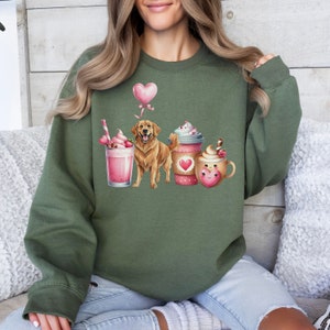 Valentine's Golden Retriever Dog Sweatshirt Gift For Dog Lover Present For Dog Mom and Dad Goldie Dog Valentines Day Shirt Golden Lovers Military Green