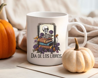 Reading Skeleton Bookish Halloween Cup, Book Lover Librarian Gift, Dia de los Muertos Mug, Book Club Nerd Coffee Mug, Dia de los Libros