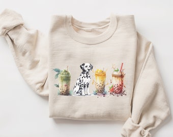 Dalmatian Dog Mom Sweatshirt Bubble Tea Gift for Dalmation Owner Firehouse Dog Carriage Boba Sweater for Firefighter Firestation Spotted Dog