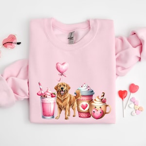 Valentine's Golden Retriever Dog Sweatshirt Gift For Dog Lover Present For Dog Mom and Dad Goldie Dog Valentines Day Shirt Golden Lovers Light Pink
