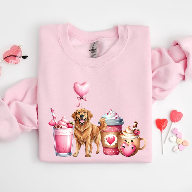 Valentine's Golden Retriever Dog Sweatshirt Gift For Dog Lover Present For Dog Mom and Dad Goldie Dog Valentines Day Shirt Golden Lovers Light Pink