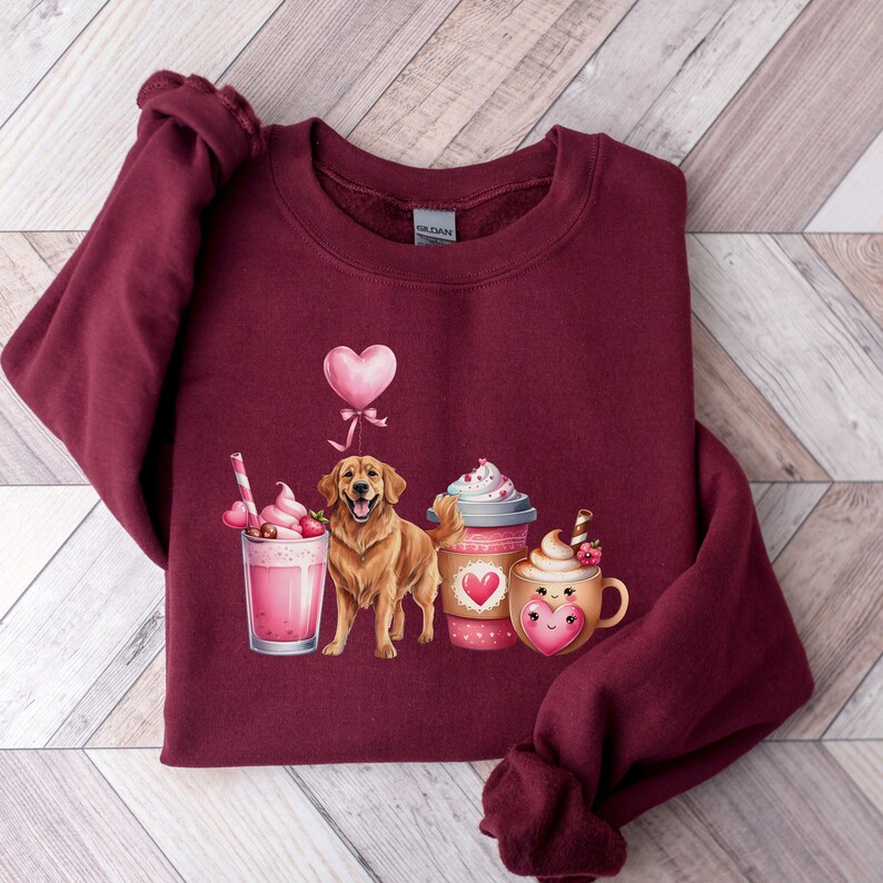 Valentine's Golden Retriever Dog Sweatshirt Gift For Dog Lover Present For Dog Mom and Dad Goldie Dog Valentines Day Shirt Golden Lovers Maroon