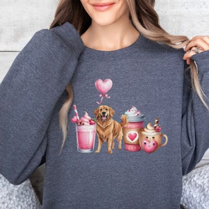 Valentine's Golden Retriever Dog Sweatshirt Gift For Dog Lover Present For Dog Mom and Dad Goldie Dog Valentines Day Shirt Golden Lovers Dark Heather