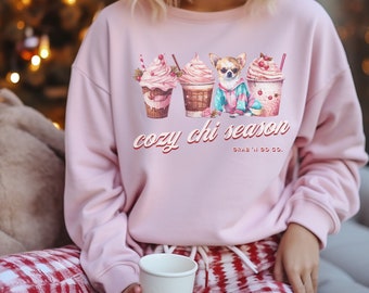 Chihuahua Sweatshirt, Fall Coffee Lover, Pink Xmas Sweater, Pullover,Shirt,Mom Gift for Dog Owner,Cozy Season,Small Dog Owner Gift,Chi Lover