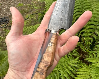 Hand forged 8” Damascus camp knife made with Cru forge V steel