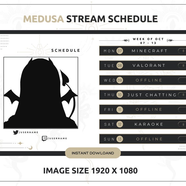 Medusa Twitch Stream Schedule Weekly Template | PSD + CANVA | Simple | Minimal