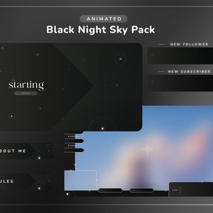 Black Night Sky Animated Stream Pack | Twitch Overlays, VTuber Just Chatting, Alerts, Panels, Banners