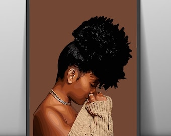 Arte de una mujer negra rezando: Ilustración abstracta afro (Descarga digital)