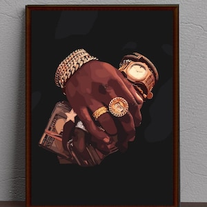 Black man with gold jewelry and holding dollars wall art, black art, abstract art, black man wall art, black culture art, black male art