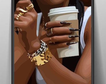 May include: A woman with long black braids wears gold jewelry and holds a white coffee cup with a brown sleeve. Her nails are long and black.