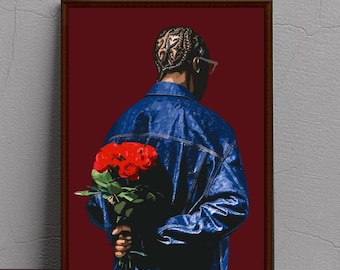 Modern Afrocentric Wall Art: Black Man With Braids And Roses (Digital Download)