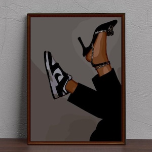 May include: A digital illustration of a person's legs wearing a black sneaker and a black heeled shoe with a sparkly strap. The background is a light gray color.