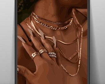 May include: A close-up of a person's hand wearing several gold rings and long, manicured nails. The hand is adorned with a variety of gold chains, including a thick, chunky chain and several thinner chains.