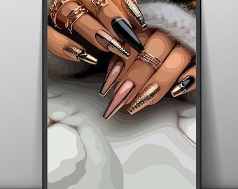 Black Woman Nails Art With Gold Jewelry Wall Art, Nails Wall Art, Abstract Art, Black Woman Art, Black Girl Magic, Black Woman Wall Art