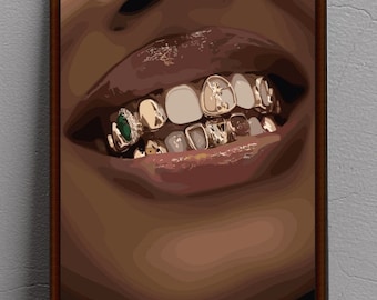 Black Woman Gold Grillz Art Print: Glossy Lipstick Wall Decor