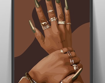 Black Woman Nails Art With Gold Jewelry Wall Art, Nails Wall Art, Abstract Art, Black Woman Art, Black Girl Magic, Black Woman Wall Art