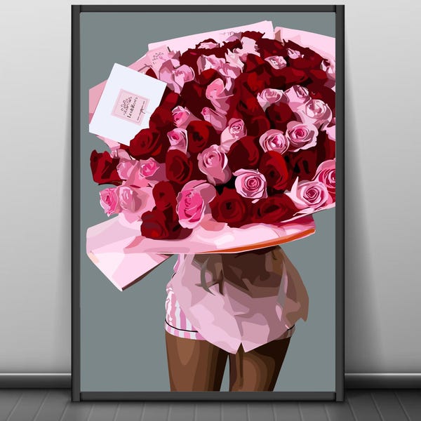Black Woman Roses Bouquet Art Print: Melanin Magic Home Decor (Digital Download)
