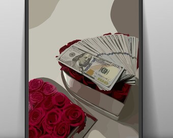 Roses and Dollars Fashion Illustration: Black Woman Art Print (Digital Download)