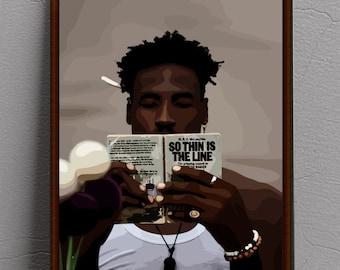 Lámina artística de un hombre negro leyendo: decoración de pared abstracta urbana