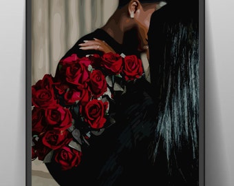 Black Love Art Print: Abstract Couple with Roses (Digital Download)