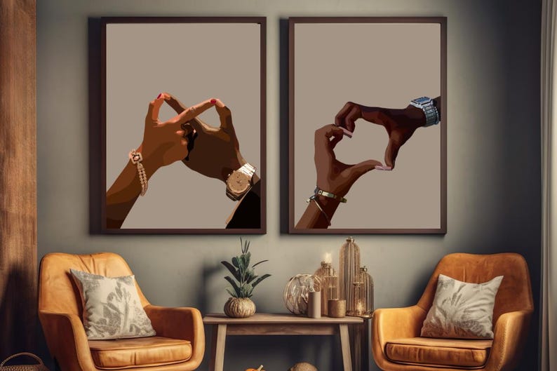 May include: Two framed illustrations of hands forming shapes. The left image shows two hands forming a heart shape. The right image shows two hands forming a circle.