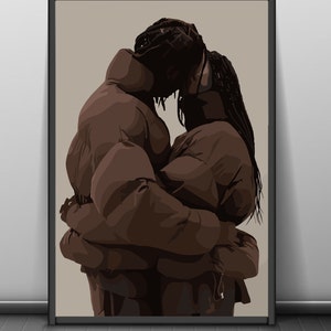 Pareja negra abrazándose y besándose: arte romántico de amor negro, arte de pareja negra, decoración de pared de pareja afrocéntrica, arte de pared de amor negro, arte estético